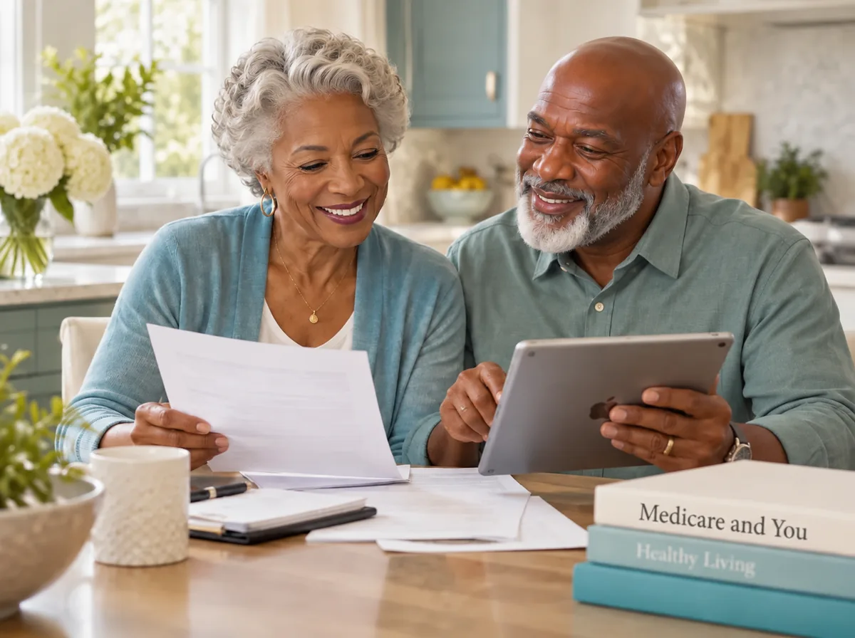 Smiling older Black couple reviewing information together at home.
